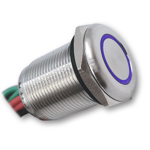 Mega LED - Push Button - Waterproof, 7 Amps, Stainless Steel, Touch Illuminated Dimmer Switch, 12V or 24V DC, Blue LED (32354-BL)