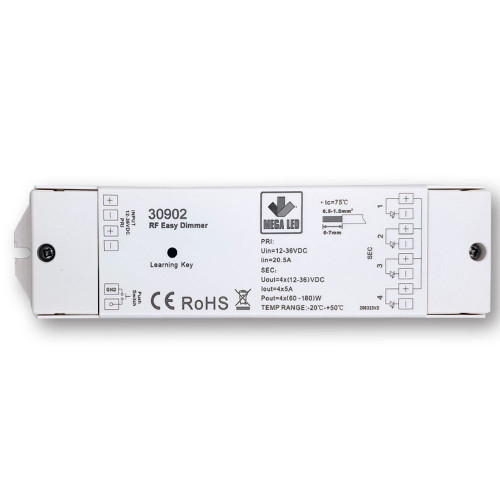 Mega LED - Electronic Dimmer - For RF Remote, For Smooth Dimming, Input 12-36V DC, 4X5A, 20A Max