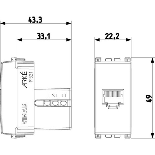 Vimar Arké RJ12 Phone Jack, 6-Position 6-Conductor, Screw Terminals