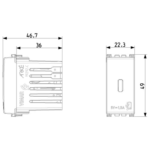 Vimar Arké USB Charging Outlet, 120-240V AC, 1 Module