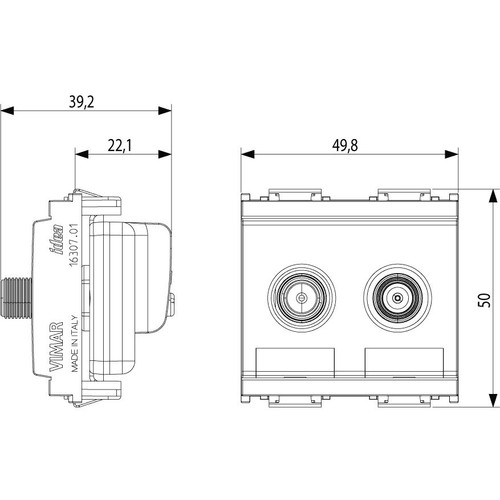 Vimar Idea Coaxial TV-RD-SAT Socket Outlet, 5-2400 MHz, 2 Outputs, 24V 500 mA DC Pass, 2 Modules