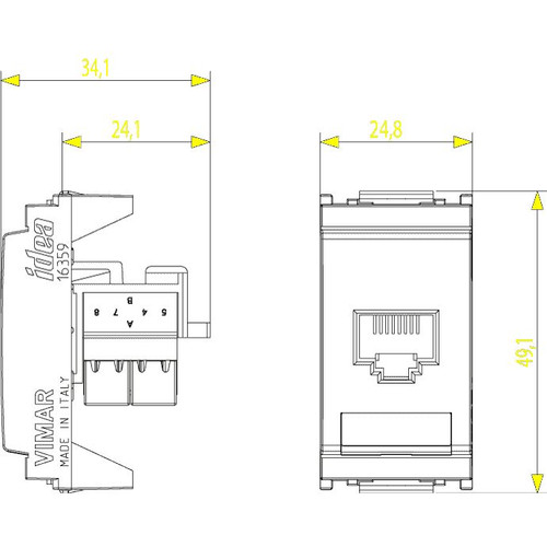 Vimar - Net Safe 16359 UTP 110 Socket Outlet - RJ45 Outlet, T568A/B Universal Wiring, 8 Contacts - Apollo Lighting