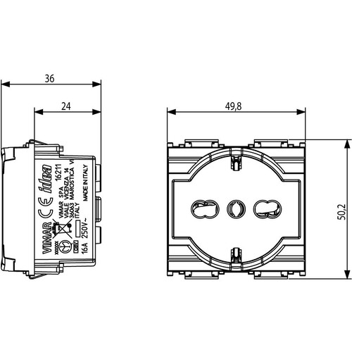 Vimar Idea SICURY Universal Socket Outlet, 2P+E, 16A, 250V, P40 Italian Standard, 2 Modules, IP20