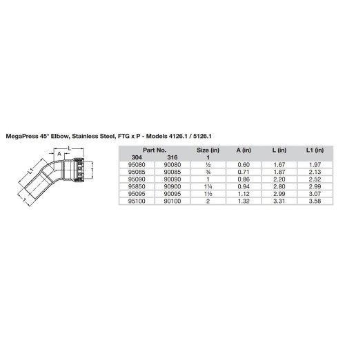 Viega - MegaPress 45" 304 Elbow - Press Connection - Apollo Lighting