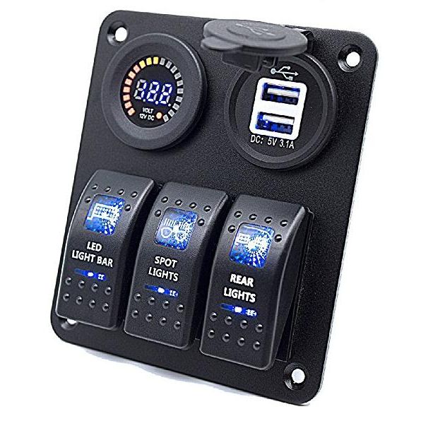 Plash - Switch Panel with Voltmeter, USB - Dual USB Charger, 12V-24V, 20A