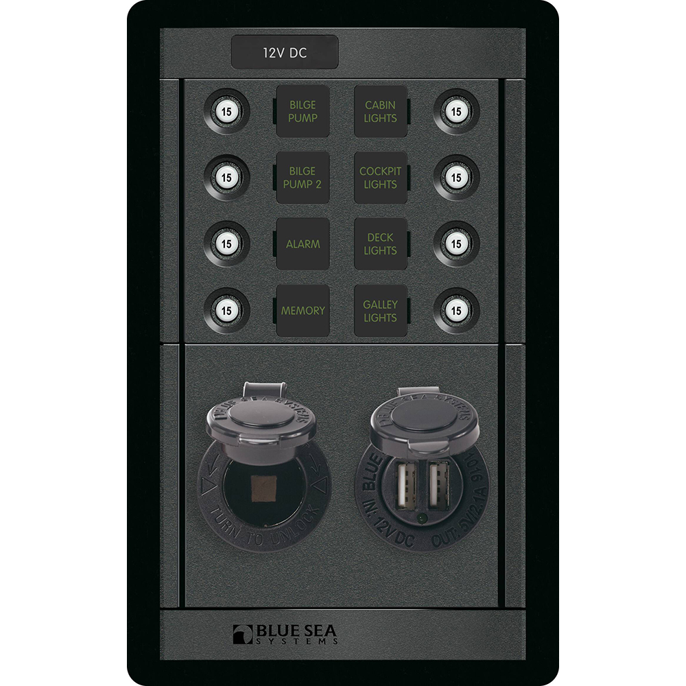 Blue Sea Systems 360 Panel DC Branch Circuit Breaker Panel, 12V, Dual USB 4.8A, 12V Dash Socket