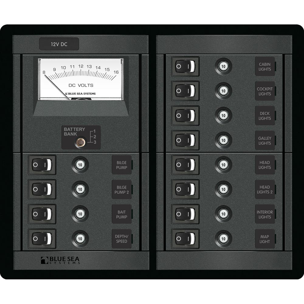 Blue Sea Systems 360 12 Position DC Branch Circuit Breaker Panel, 12V, 120A, Analog Voltmeter, Square Format