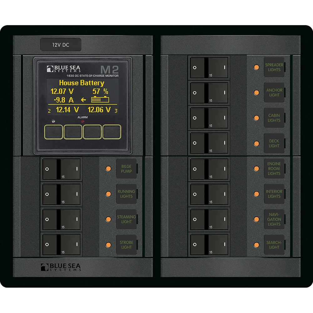 Blue Sea Systems 360 Panel DC Branch Circuit Breaker Panel, 12 Position, M2 Multimeter with SOC, Flat Rocker, 100A