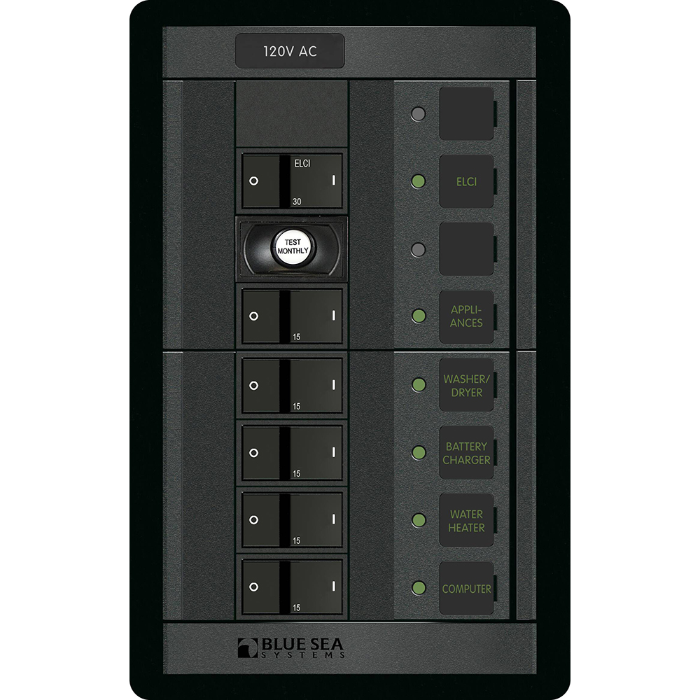 Blue Sea Systems 360 AC Circuit Breaker Panel, 30A ELCI, 5 Position, 120V AC, Flat Rocker