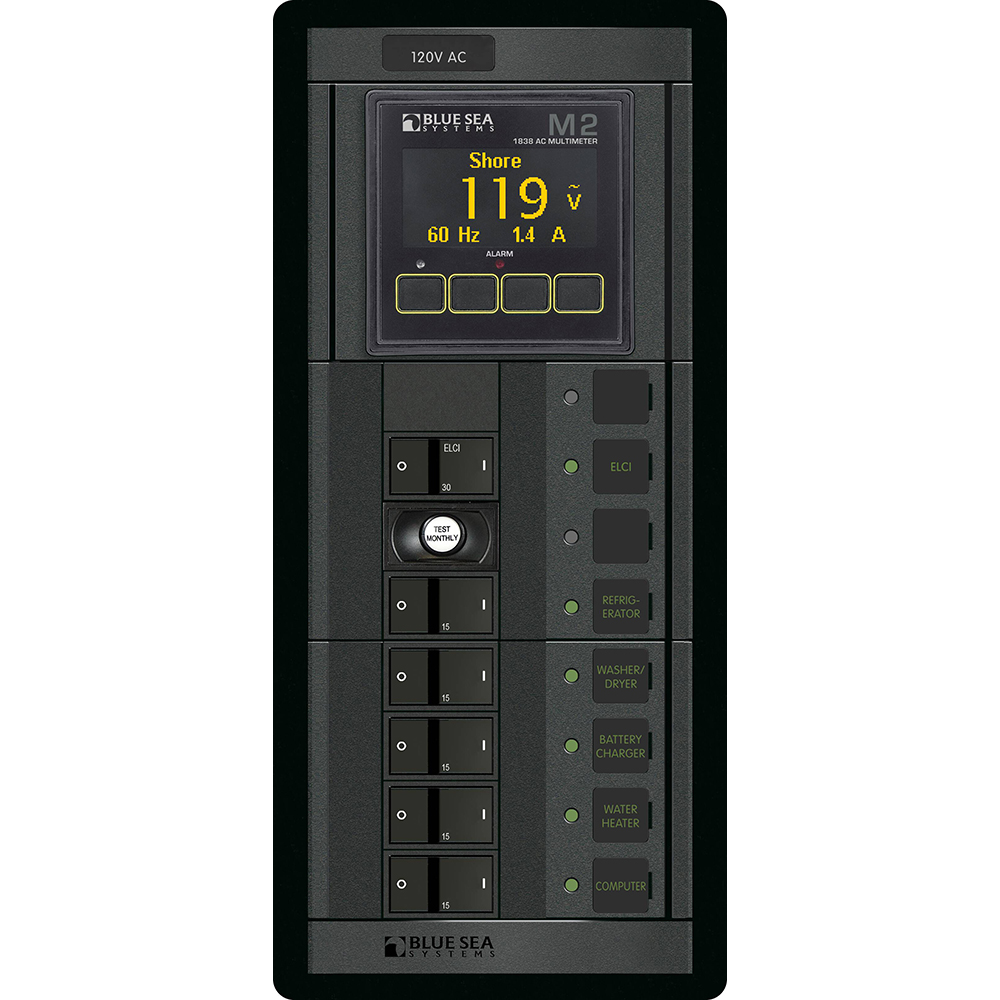 Blue Sea Systems 360 AC Circuit Breaker Panel, 30A ELCI, 5 Branch Positions, 120V AC, M2 AC Multimeter, Flat Rocker