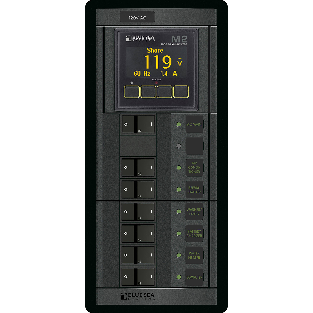 Blue Sea Systems 360 Panel AC Circuit Breaker Panel, 120V AC, 30A Main + 6 Positions, Flat Rocker, M2 AC Multimeter