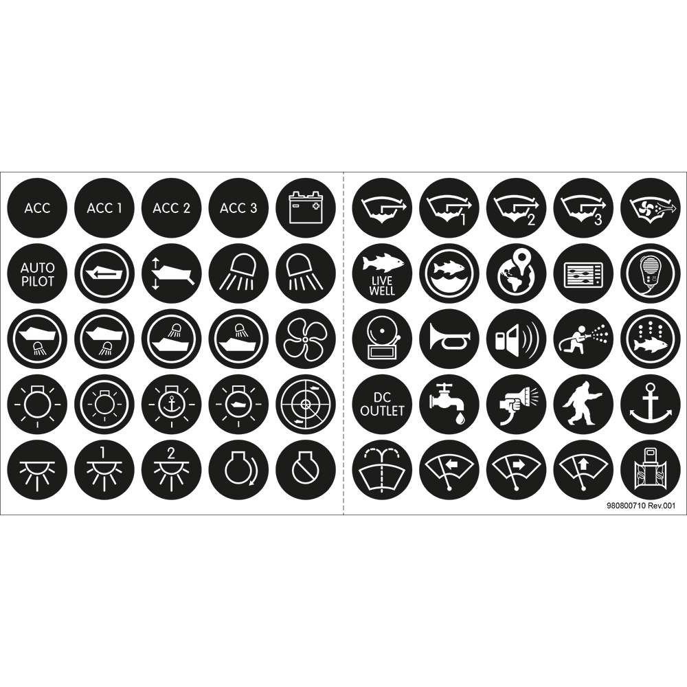 Blue Sea Systems Push Button Switch Label Kit, For 4180 & 4181, 50 ICON Labels