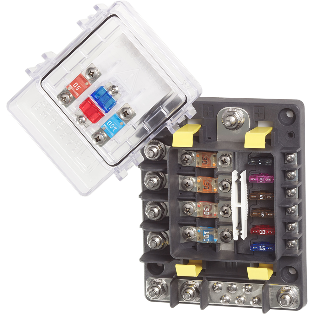 Blue Sea Systems SafetyHub 150 Fuse Block, 10-Circuit, 4 MIDI/AMI, 6 ATO/ATC, Ignition Protected
