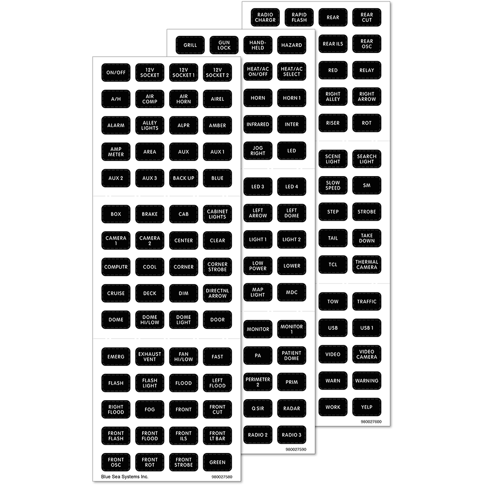 Blue Sea Systems Emergency Vehicle Label Set, For ST Blade Fuse Blocks, 180 DC Labels, Black Labels, Weatherproof