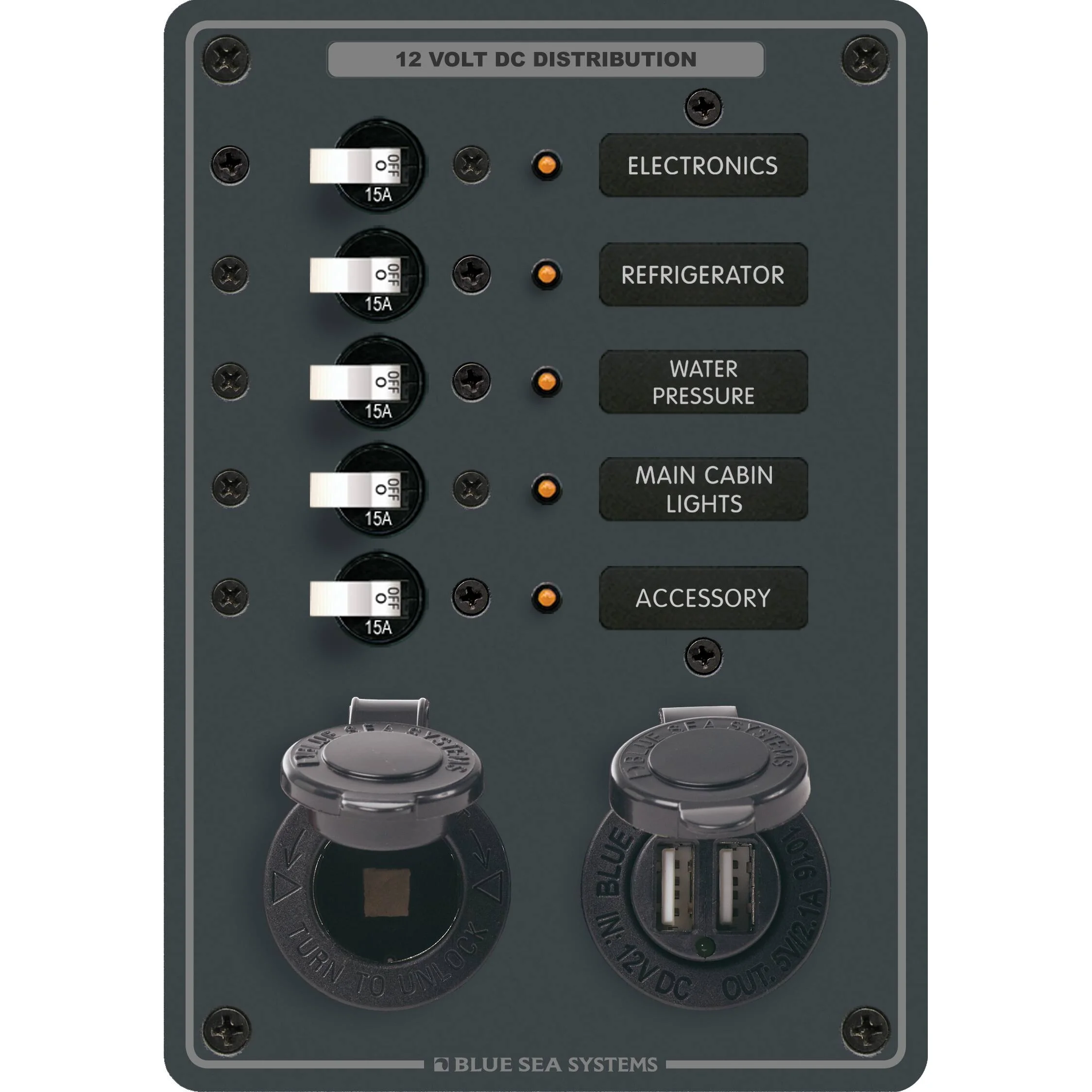 Blue Sea Systems Traditional Metal DC Panel, 5 Positions, 12V, 50A, Dual USB Charger, 12V Dash Socket