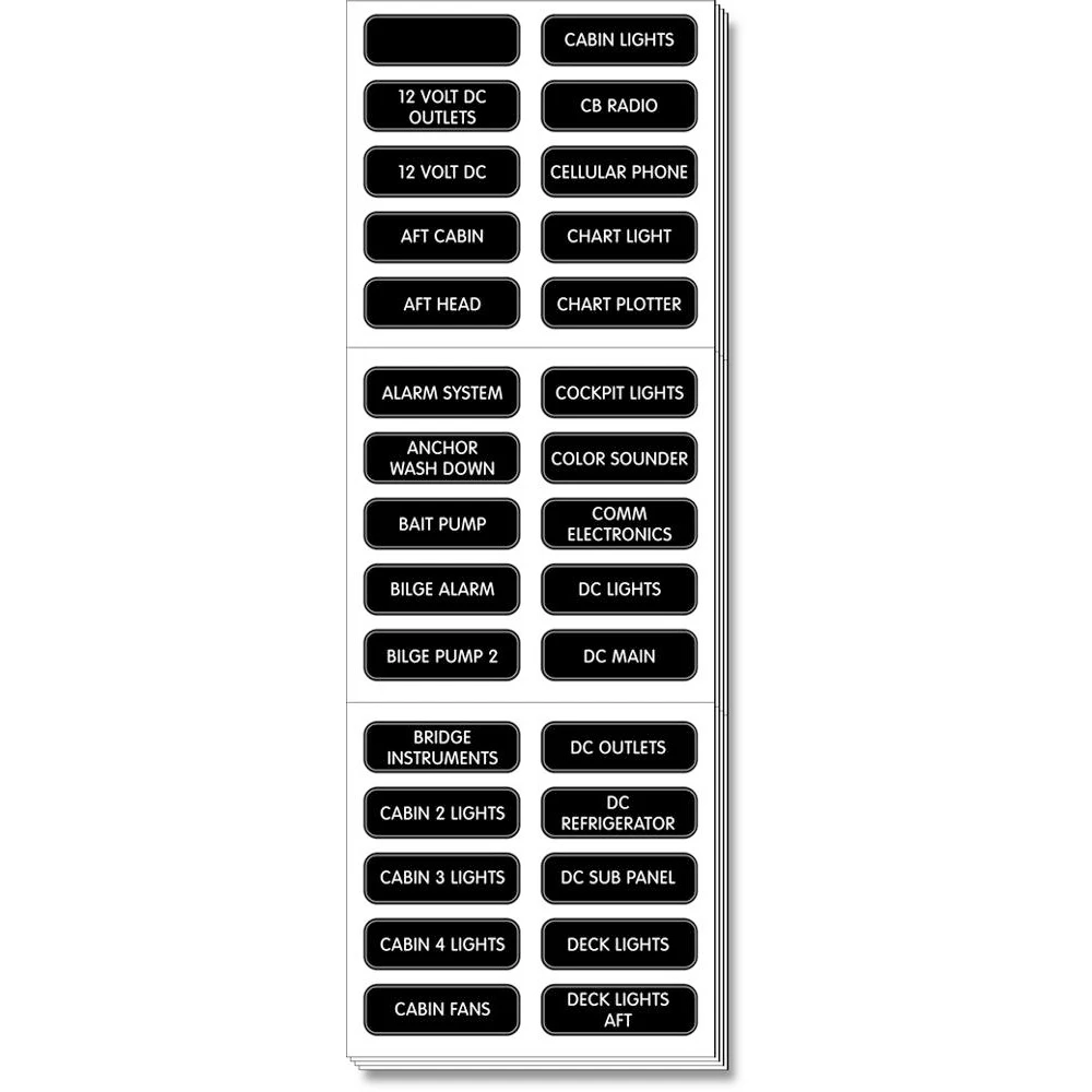 Blue Sea Systems Extended DC Panel Label Set, For Contura Waterproof Fuse Panels, ST Glass Fuse Blocks, 120 Labels, Weatherproof