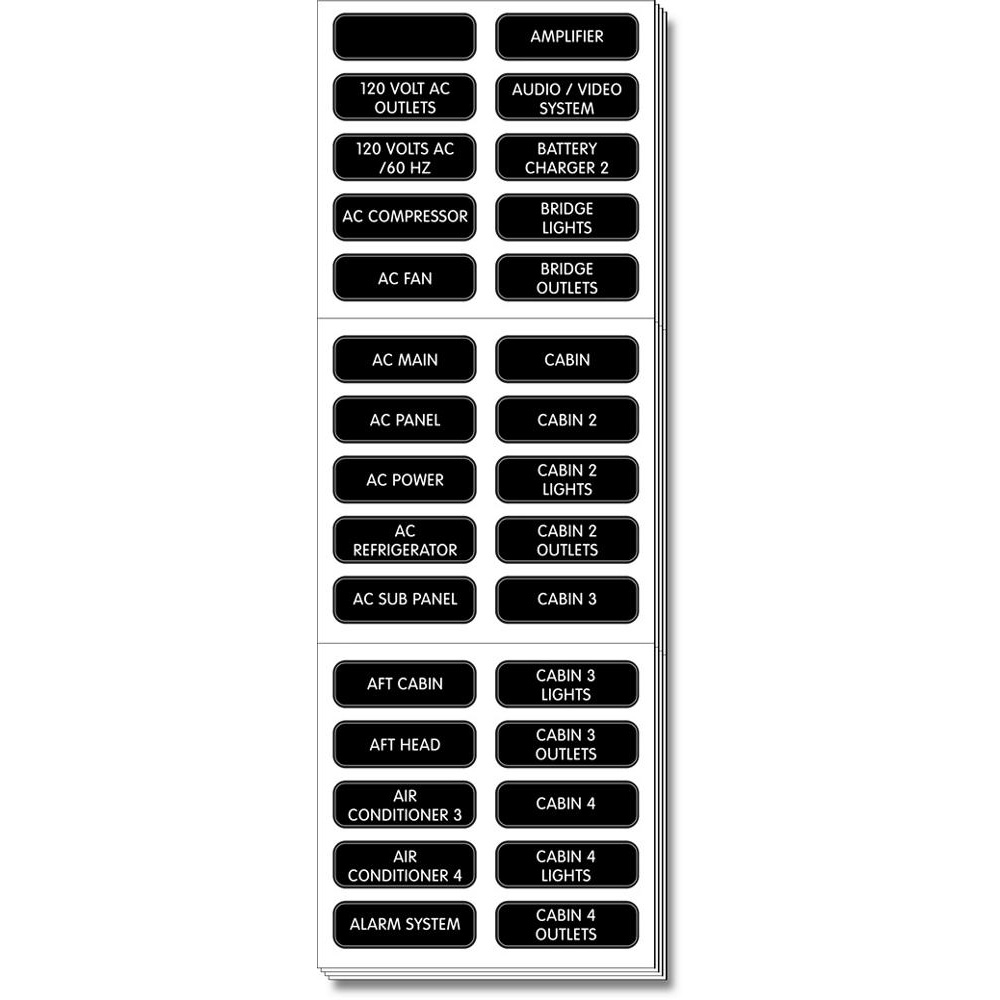Blue Sea Systems AC Panel Extended 120 Label Set, Weatherproof, For Contura Waterproof Fuse Panels and ST Glass Fuse Blocks