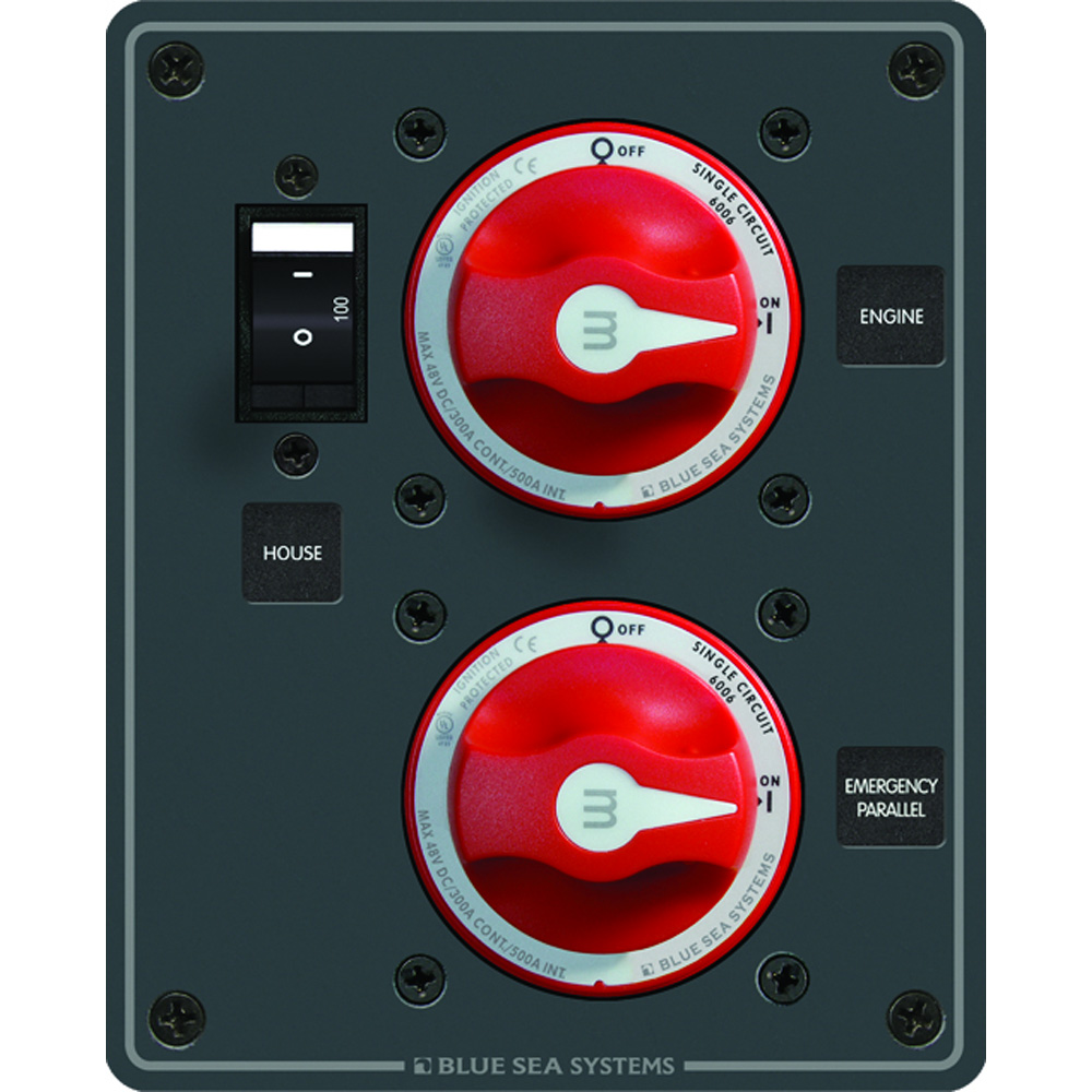 Blue Sea Systems Dual Battery Bank Management Panel, 32V DC, 300A, 2 m-Series ON/OFF Switches, 100A Circuit Breaker, Ignition Protected