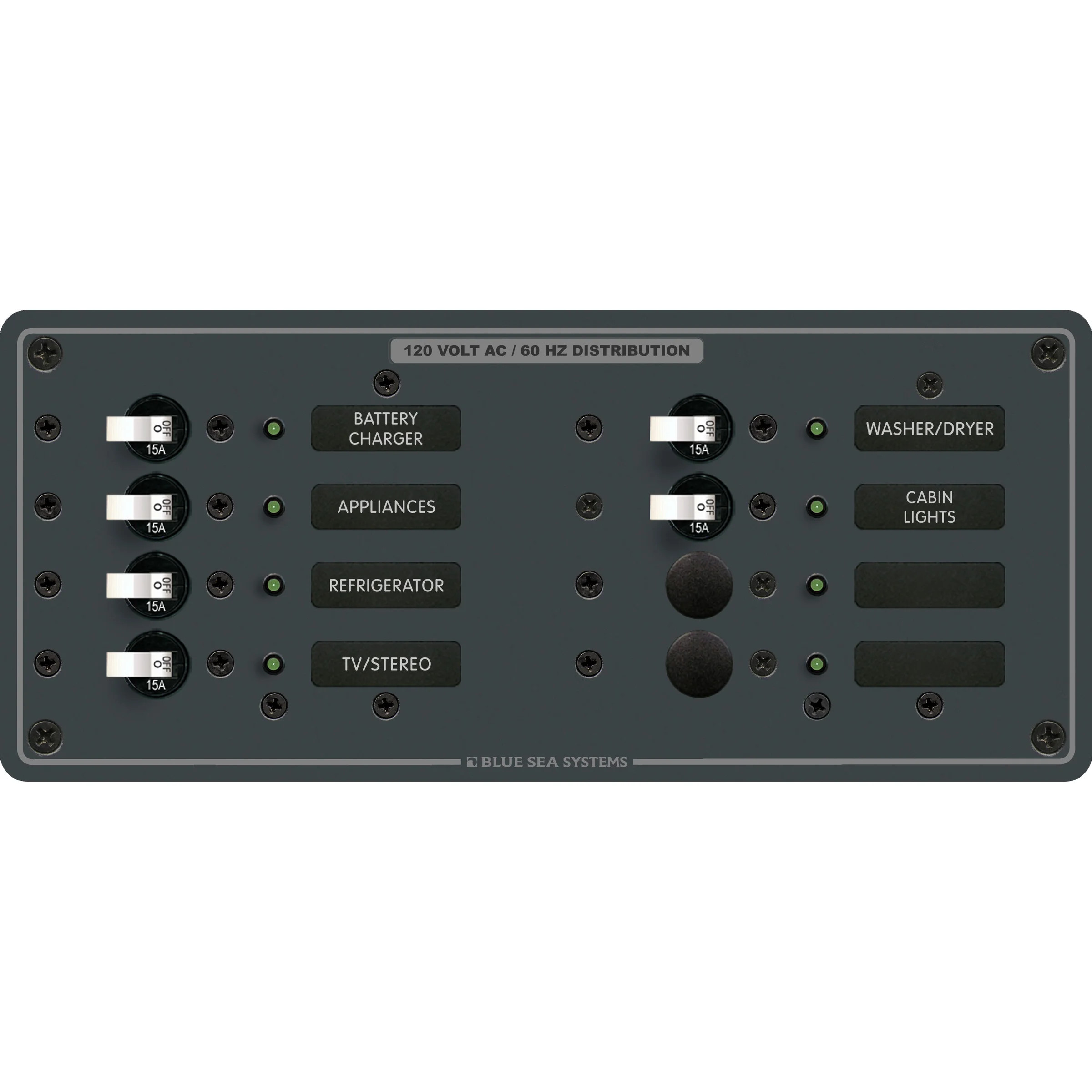 Blue Sea Systems AC 8 Position Branch Circuit Breaker Panel, 120V AC, 100A, 6 x 15A Breakers
