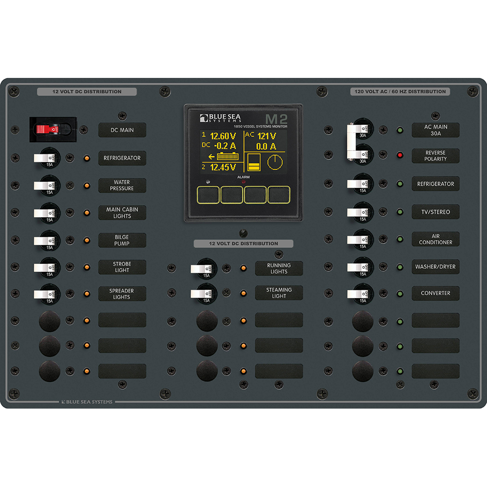 Blue Sea Systems Traditional Metal AC/DC Panel, M2 Vessel Systems Monitor, NMEA 2000, 8 AC/14 DC Positions