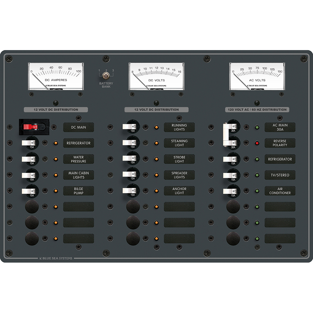 Blue Sea Systems AC/DC Main Circuit Breaker Panel, 6 AC/15 DC Positions, 120V AC/12V DC, 50A AC/100A DC, White Toggles
