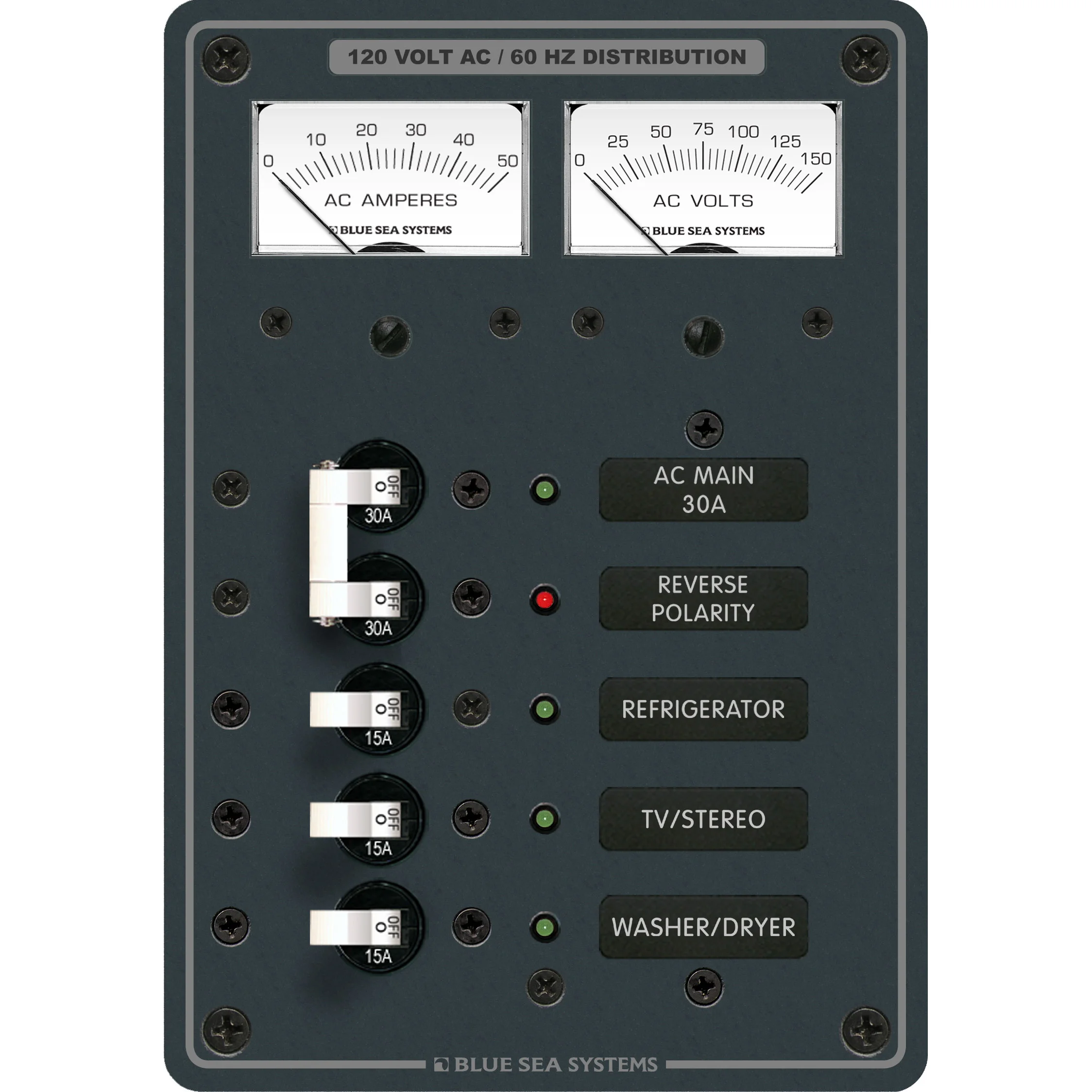 Blue Sea Systems AC Main + 3 Positions Circuit Breaker Panel, 120V AC, 30A Main, 3 x 15A Branch Breakers, Analog Volt and Amp Meters