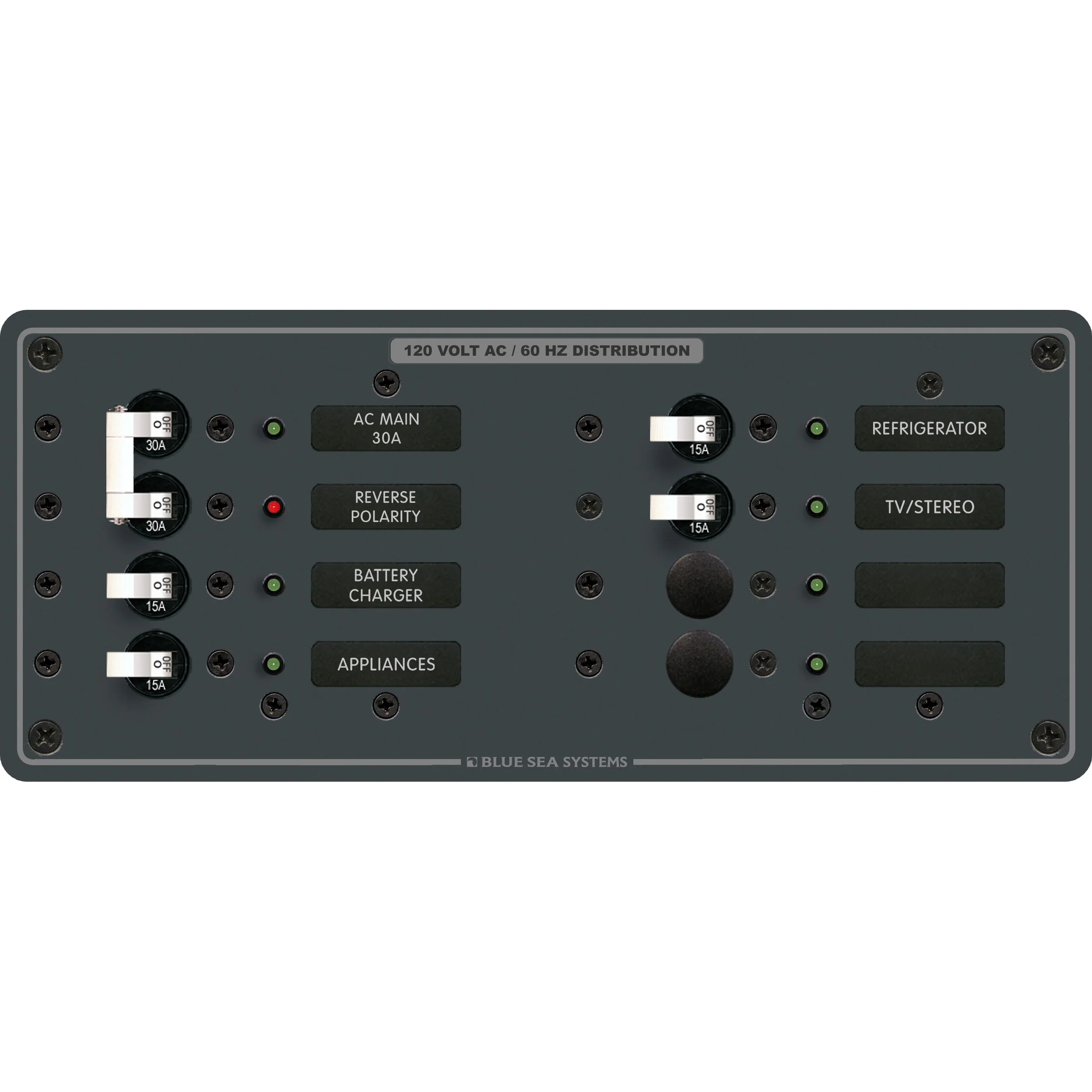 Blue Sea Systems AC Main 6-Position Circuit Breaker Panel, 120V AC, 30A Double Pole Main, 4 x 15A Branch