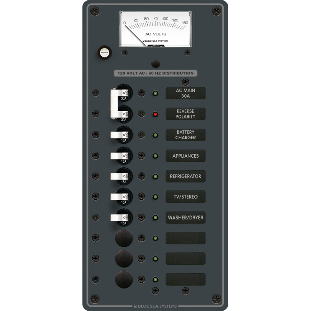 Blue Sea Systems AC Main + 8 Position Circuit Breaker Panel, 120V AC, Analog Voltmeter