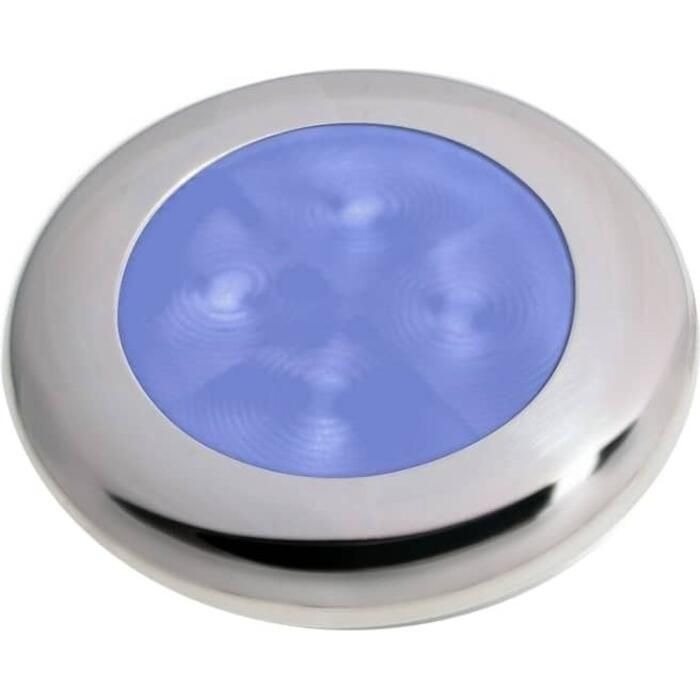 Hella Marine Slim Line Round LED Courtesy Lamp, Blue LED, Chrome Bezel, 12V DC, IP67, 4-LED, 3in Dia, 2in Cutout, 13mm Mounting Depth