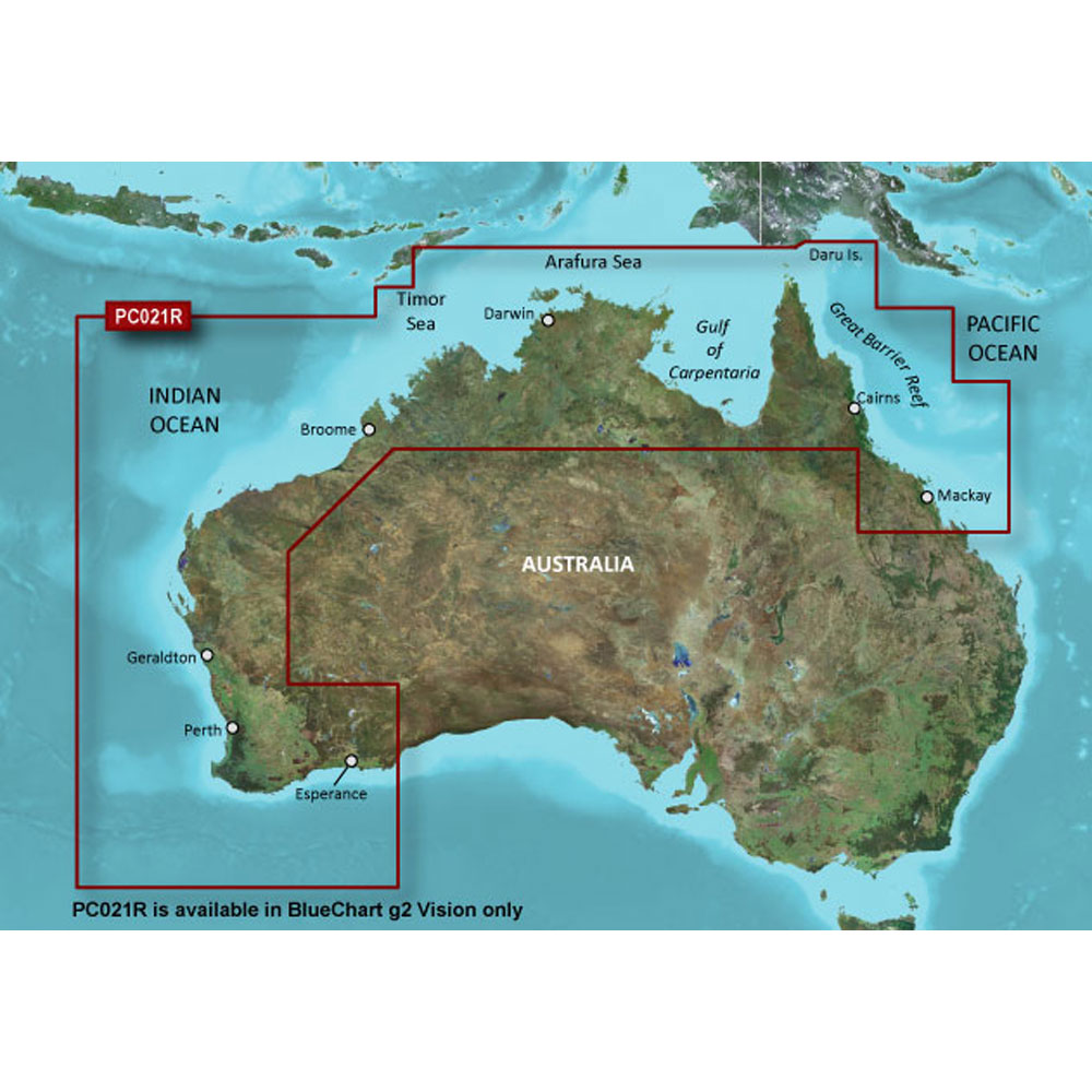 Garmin BlueChart g3 Vision Electronic Chart, VPC021R, Australia (Mackay to Esperance), Auto Guidance, Depth Range Shading (10 Depth Ranges), 1 ft Contours, 3D MarinerEye and FishEye Views, High-Resolution Satellite Imagery