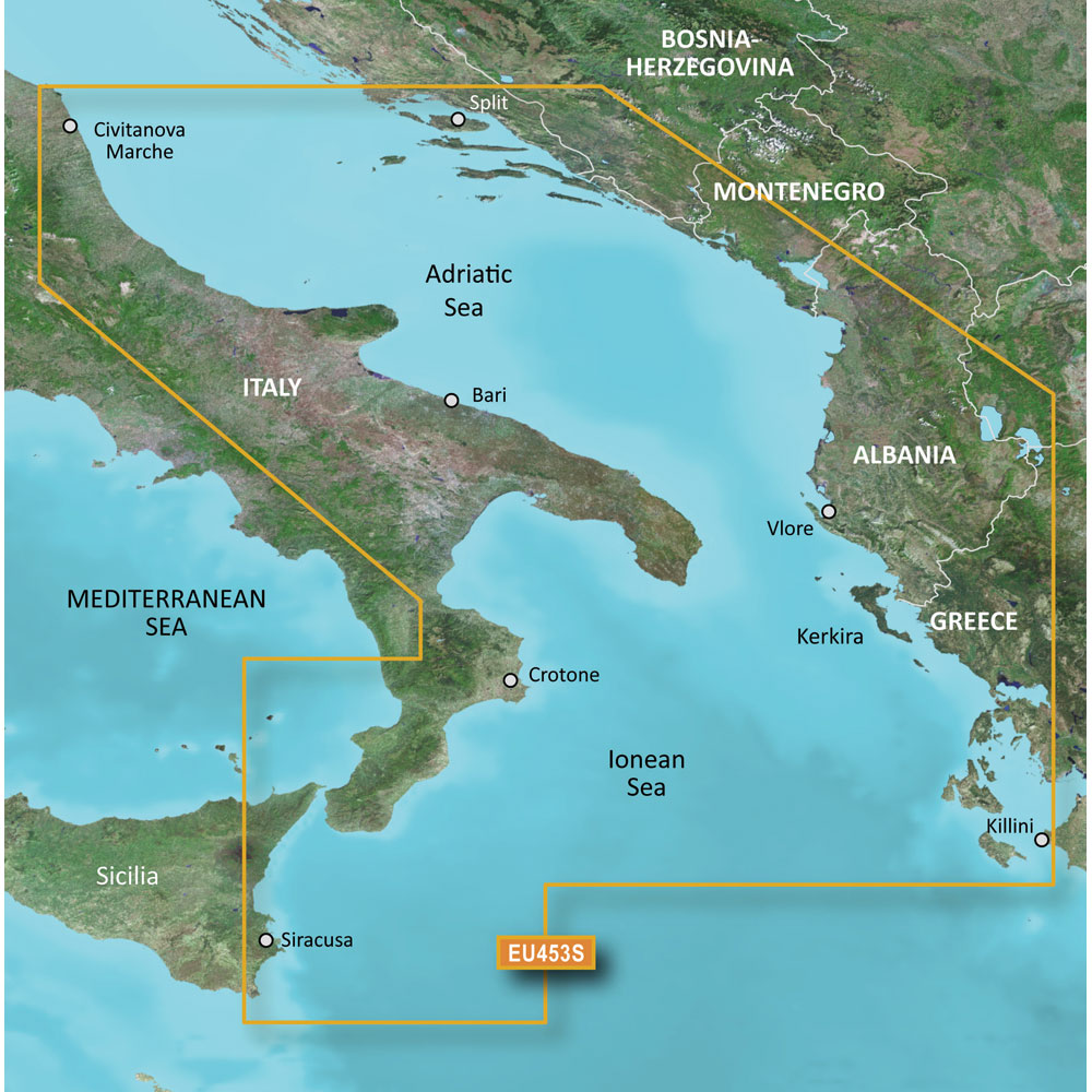 Garmin BlueChart g3 Vision HD VEU453S Electronic Chart, Adriatic Sea South Coast, Garmin/Navionics Data, Auto Guidance, 1-ft Contours, Depth Range Shading, Shallow Water Shading, High-Resolution Satellite Imagery, Aerial Photos