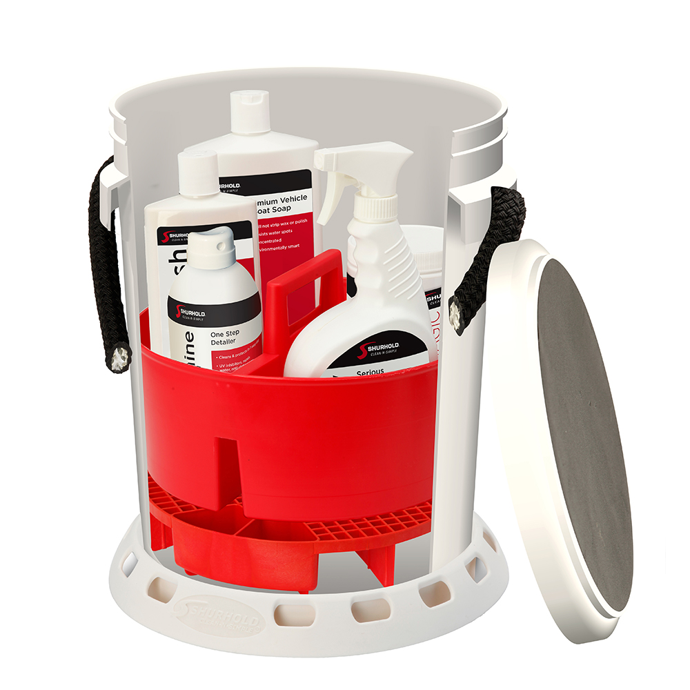 Shurhold - 5 Gallon White Bucket Kit - Includes Bucket, Caddy, Grate Seat, Buff Magic, Pro Polish Brite Wash, SMC Serious Shine