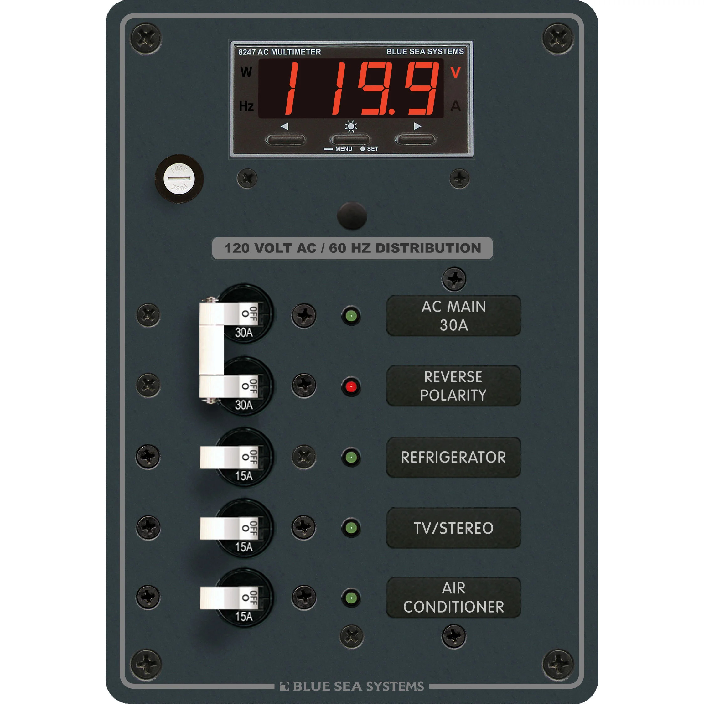 Blue Sea Systems AC Main + 3 Positions Circuit Breaker Panel, 120V AC, 30A Main, Digital Multimeter
