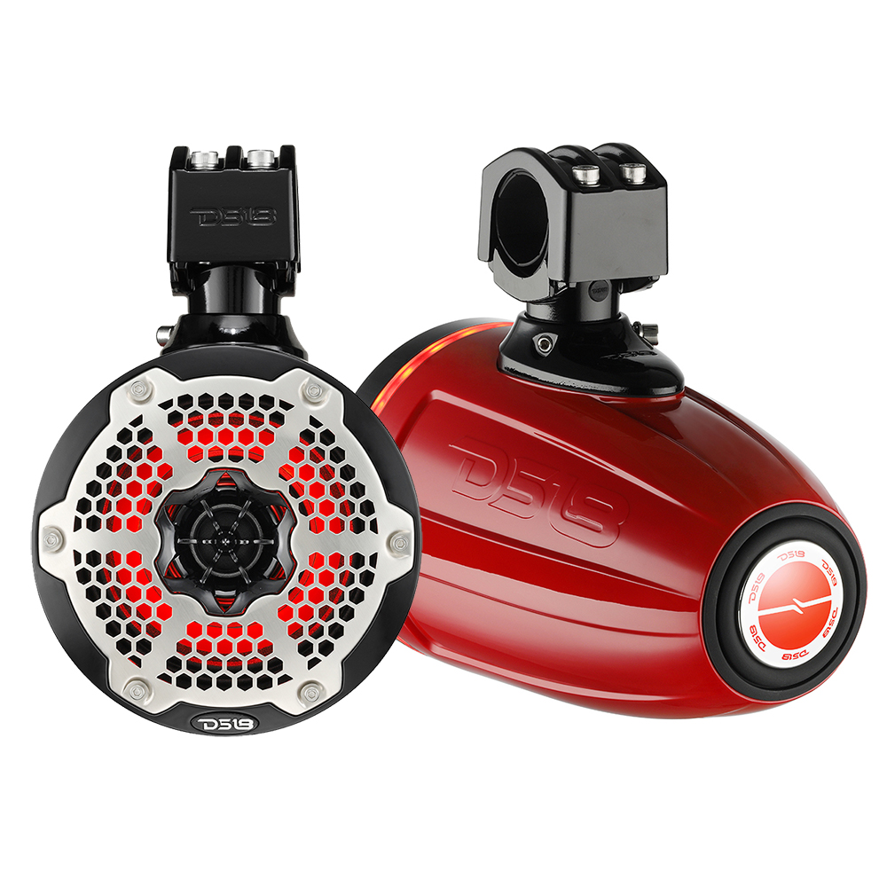DS18 - 6.5" Neodymium Marine Towers - With Built-in Passive Radiator, 1" Driver, RGB LED Light, 450 Watts, Pair, Red