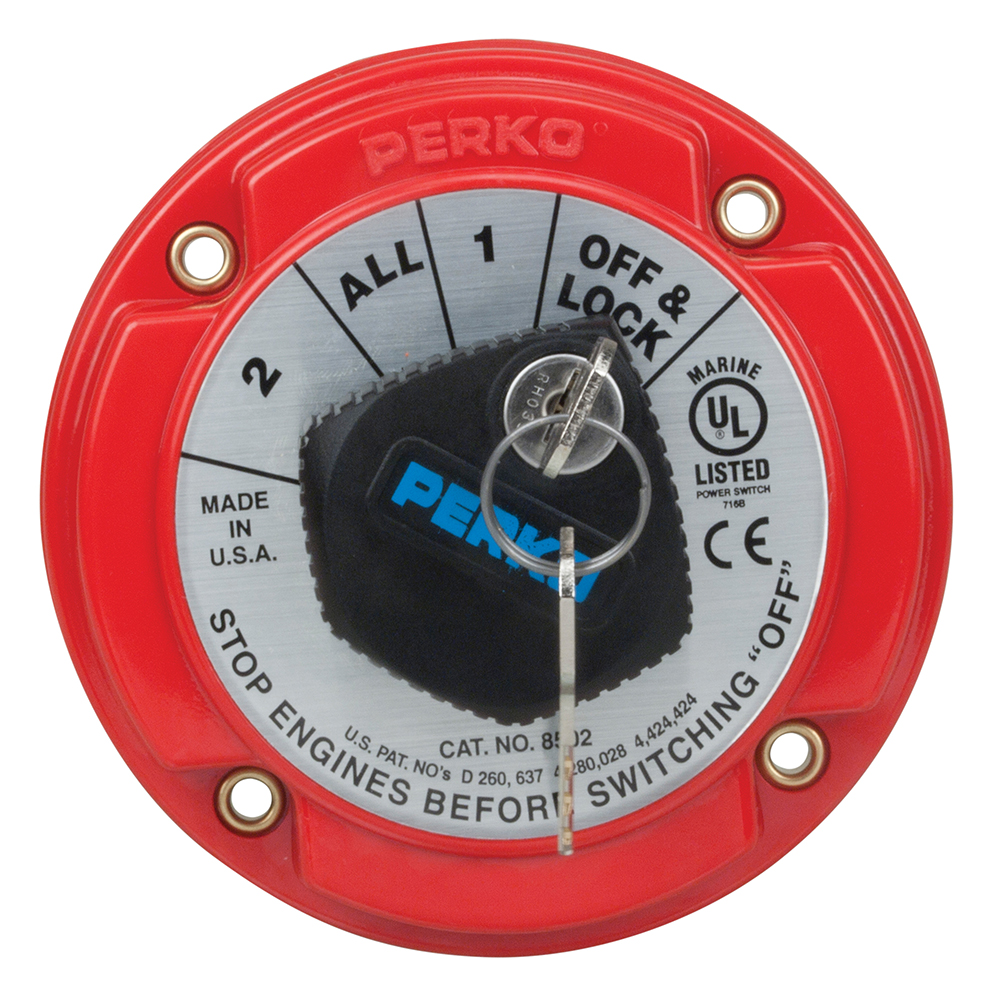 Perko Medium Duty Battery Selector Switch with Key Lock, 6-32VDC, 250A Continuous, Ignition Protected