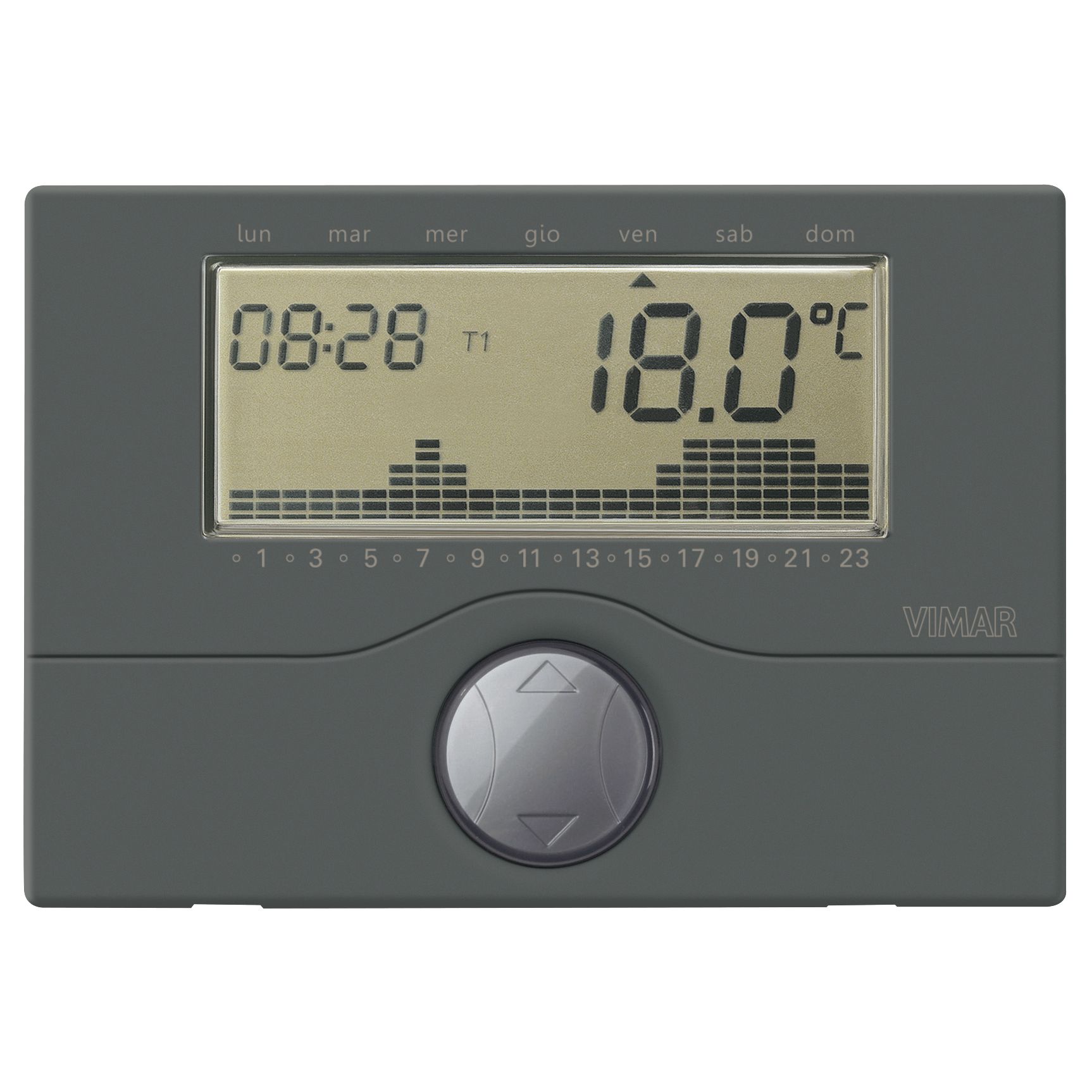 Vimar Surface Battery Timer Thermostat, For Heating and Air-Conditioning Systems, 5(2)A 250V, Daily/Weekly Programming