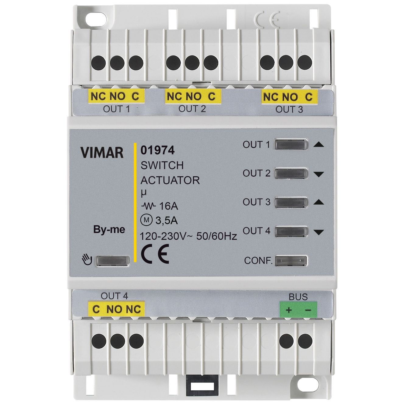 Vimar By-me Multifunction 4-Output Relay Actuator, Marine Version, 4 x 16A, 120-230V AC, DIN Rail 4 Modules, IP20