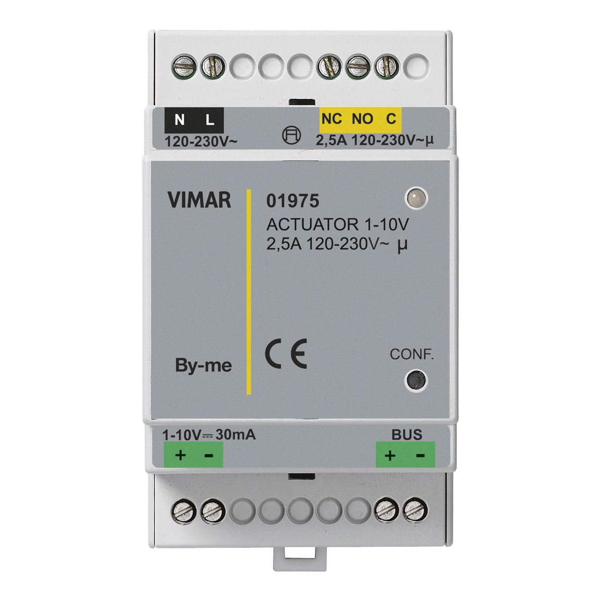 Vimar By-me Plus 1-10V LED Dimming Actuator, 120-230V, 30 mA Output, 2.5A Changeover Relay, DIN Rail Mount, 3 DIN Modules, IP20