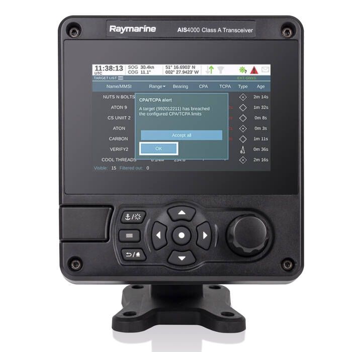 Raymarine AIS4000 Class A AIS Transceiver, NMEA 2000, 12-24V, IPX6/IPX7, Wi-Fi, 5 in Color LCD