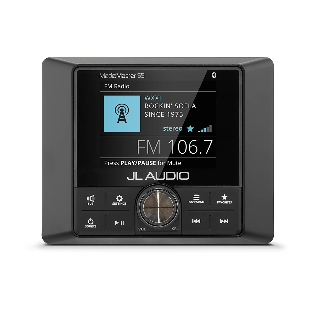 JL Audio MediaMaster 55 Marine Source Unit, NMEA 2000 Certified, 10-16V, IP67, 3-Zone Audio, Bluetooth, 2.8 in Color LCD
