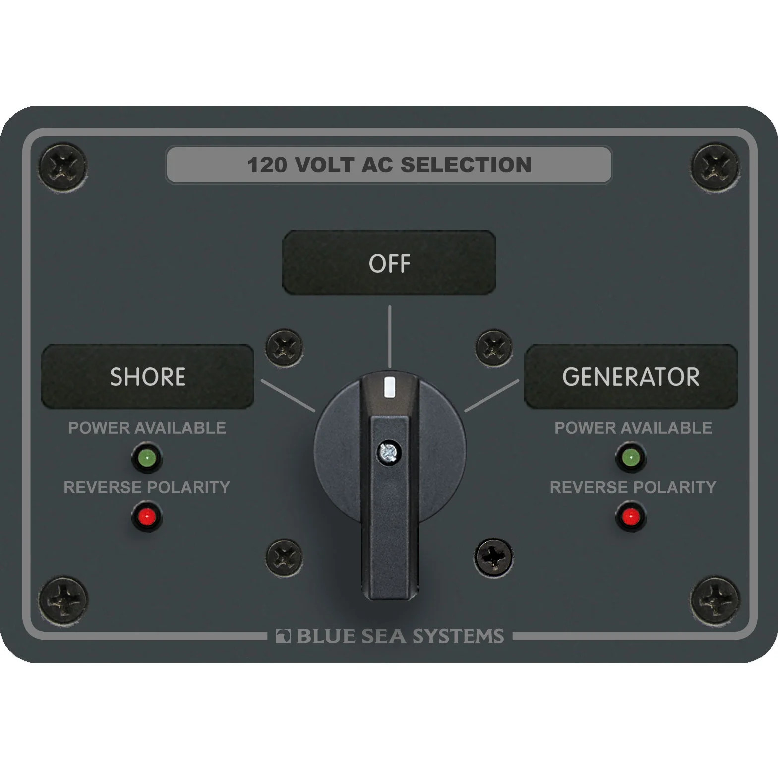 Blue Sea Systems Traditional Metal AC Rotary Switch Panel, Source Selector, Reverse Polarity and Power LEDs