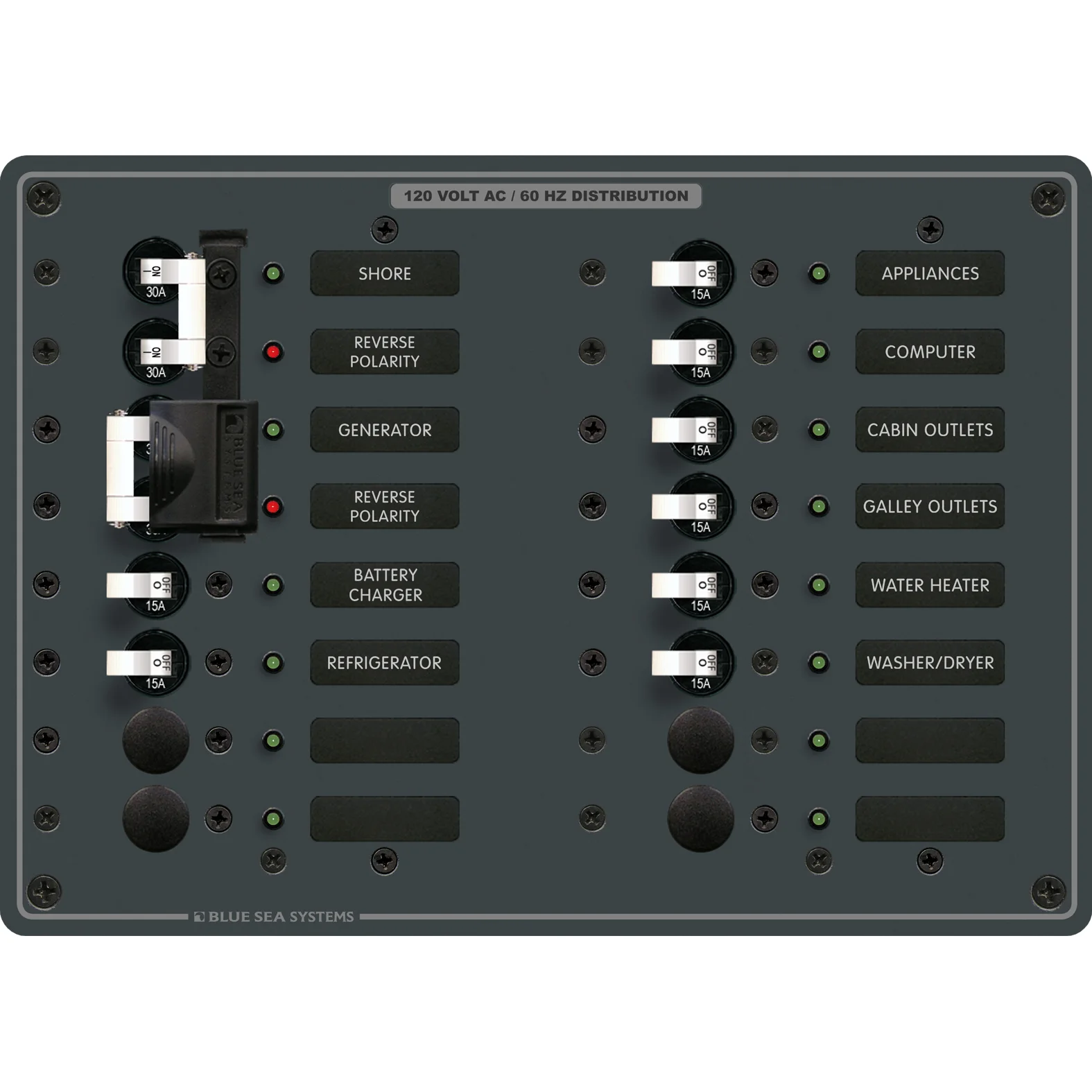 Blue Sea Systems Traditional Metal AC Source Selector Panel, 2 Sources, Lockout Slide