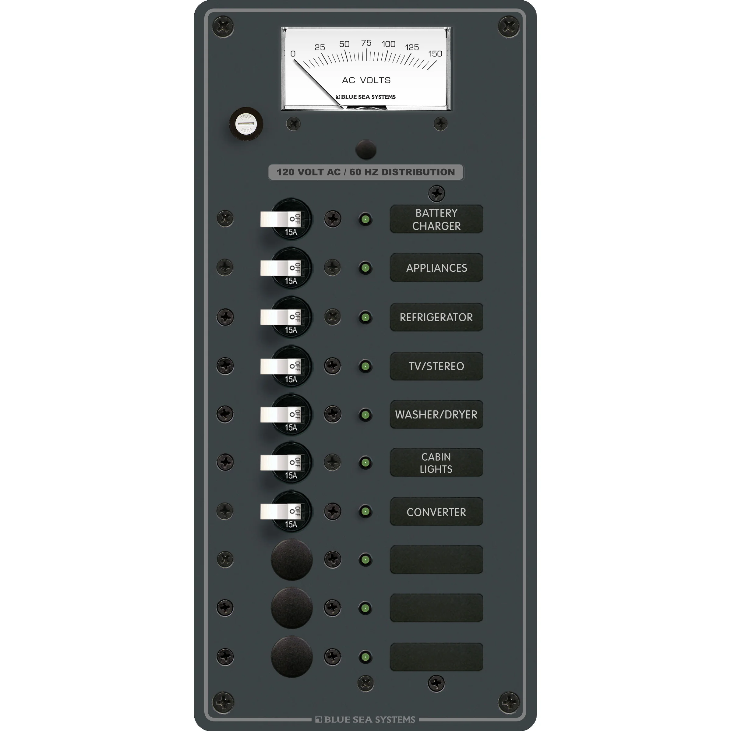 Blue Sea Systems Traditional Metal AC Branch Circuit Breaker Panel, 100A, Pre-Wired, Backlit Labels, ON Indicator LEDs