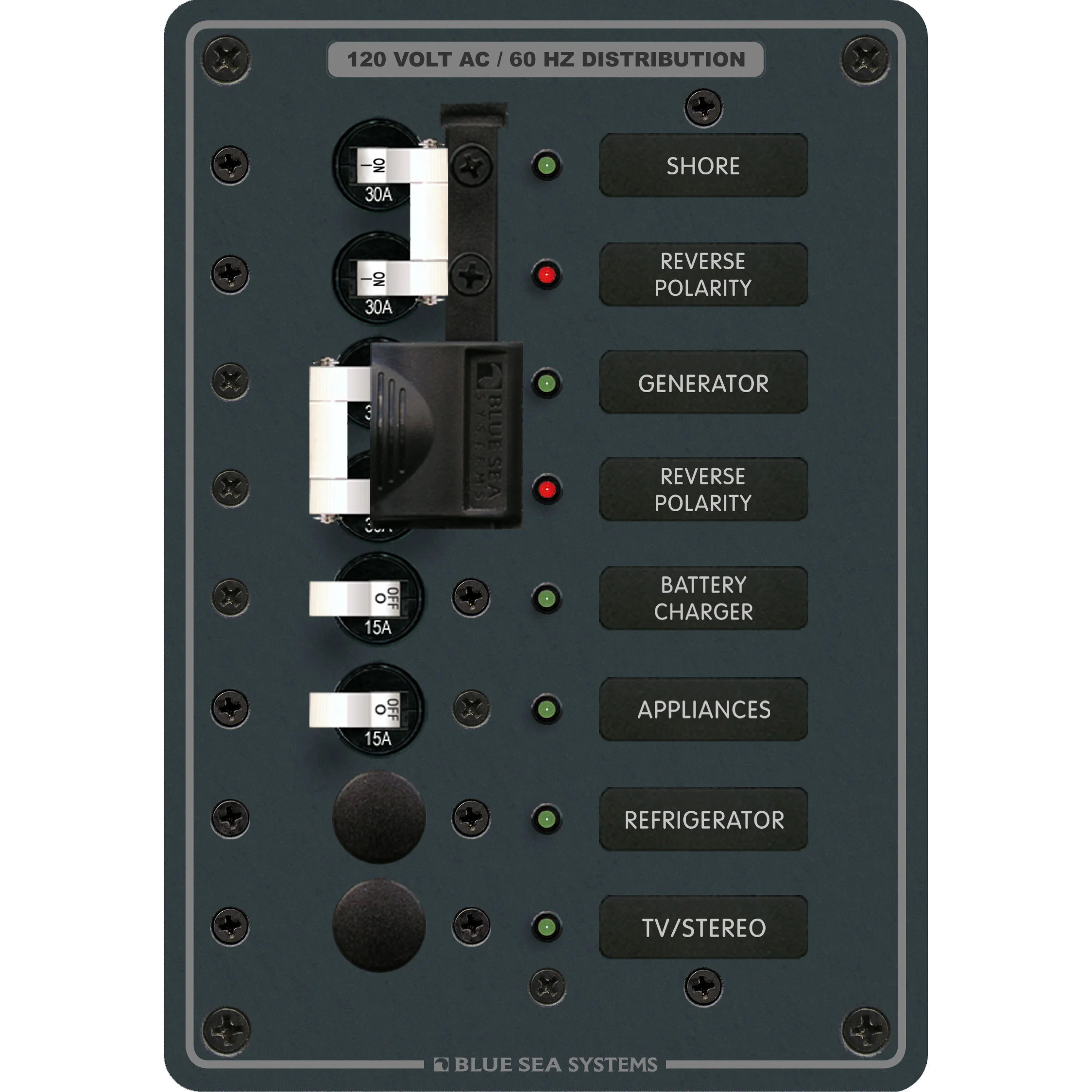 Blue Sea Systems Traditional Metal AC Main Source Selector Panel, Lockout Slide, Reverse Polarity LED