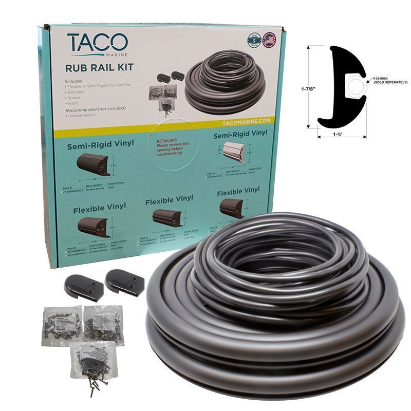 TACO Marine Flexible Vinyl Rub Rail Kit, 1-7/8 in x 1-1/8 in, Black Rail, Black Insert