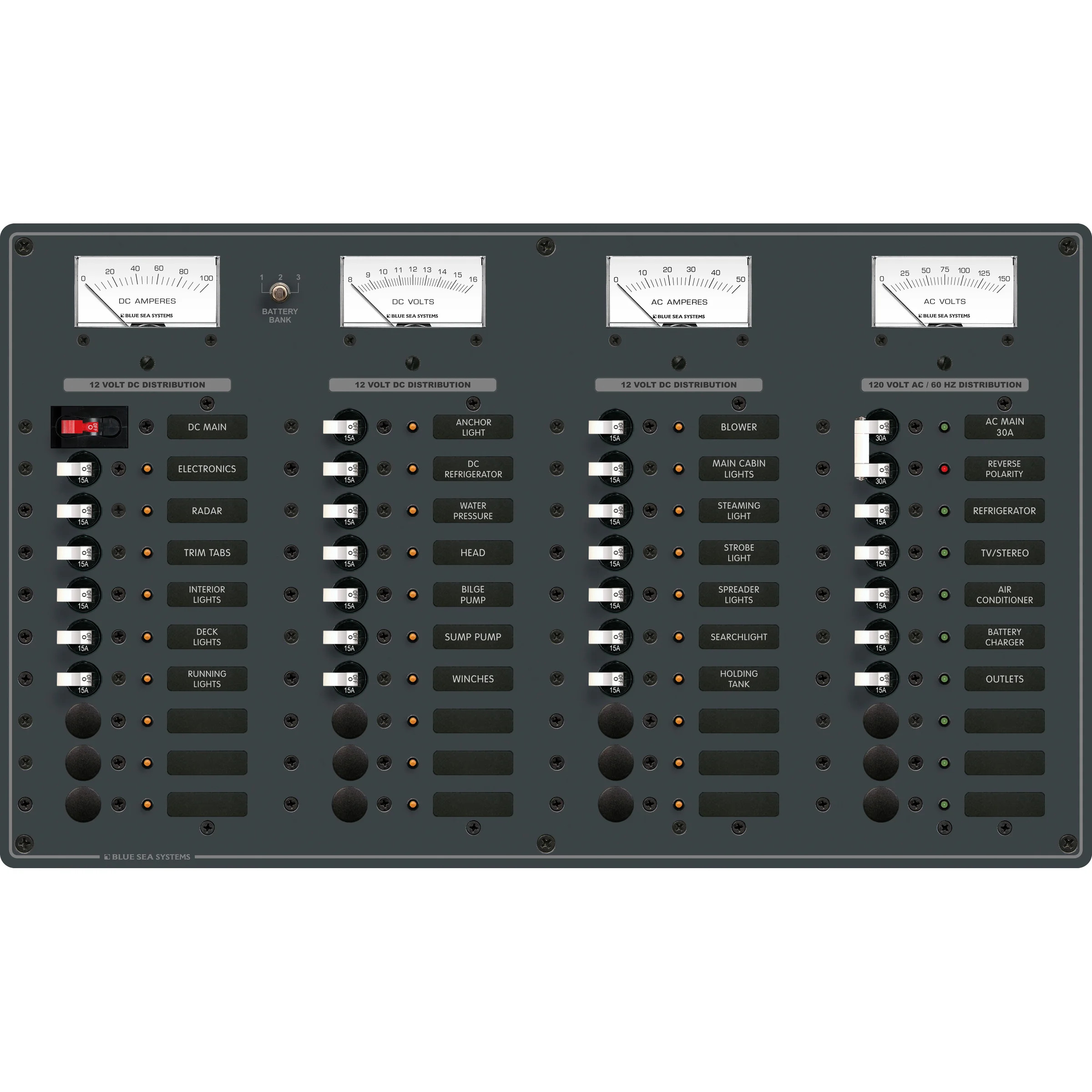 Blue Sea Systems Traditional Metal AC/DC Main Distribution Panel, 8 AC Positions, 29 DC Positions, 12V DC