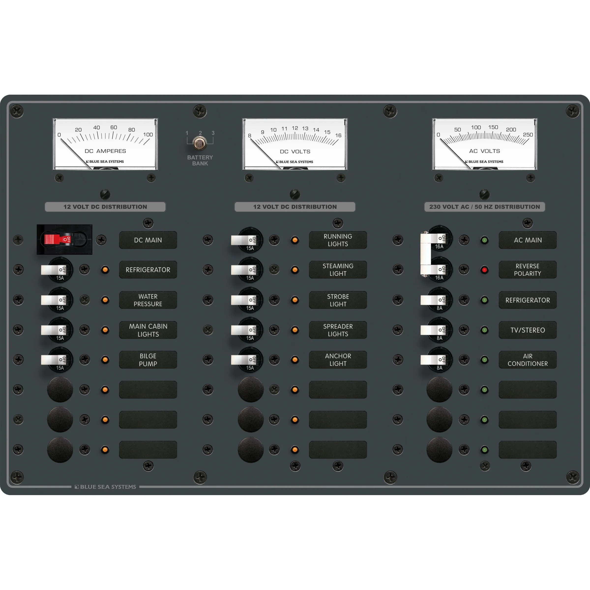 Blue Sea Systems Traditional Metal AC/DC Combination Breaker Panel, 230V AC, 12V DC, European, Fully Pre-Wired, Backlit Labels