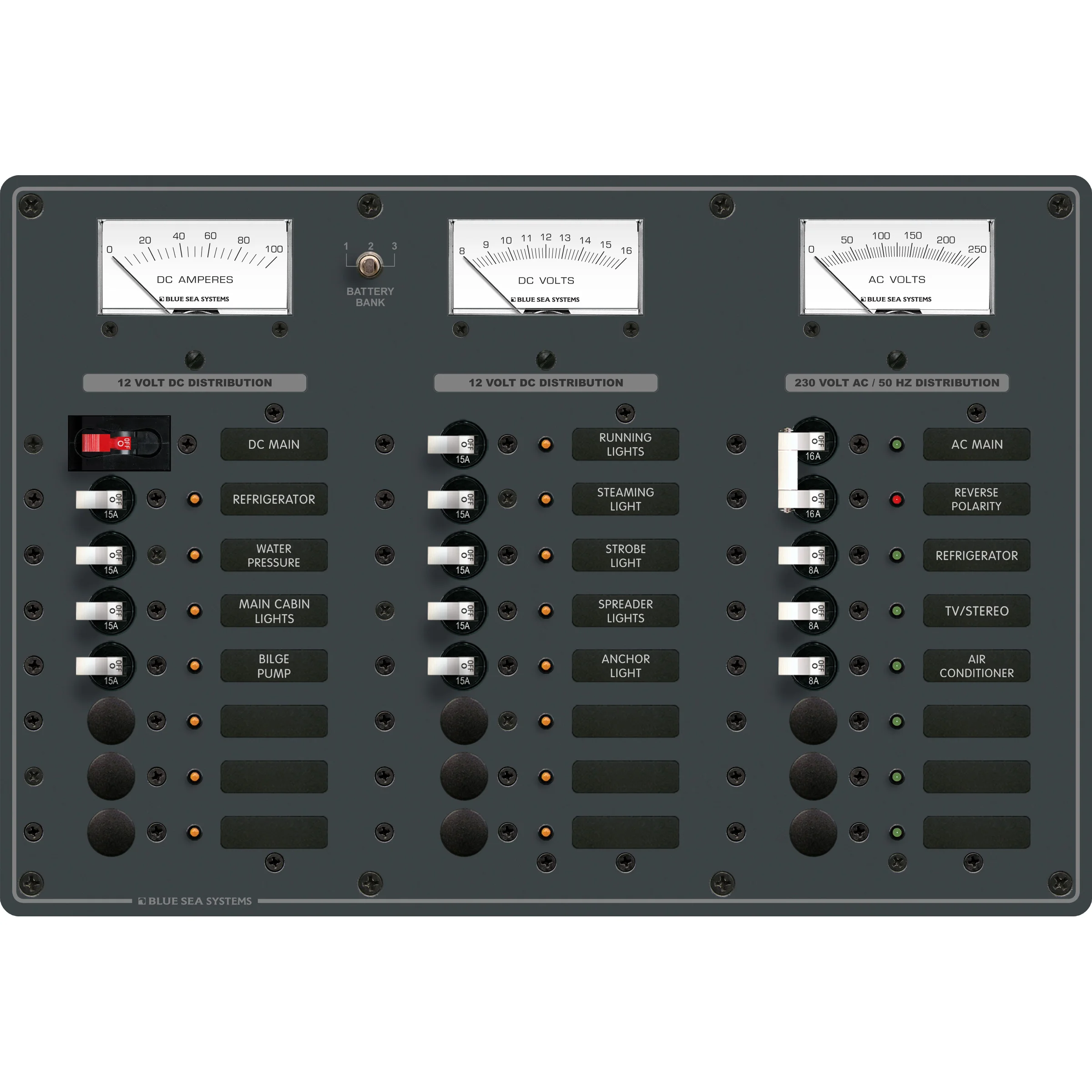 Blue Sea Systems Traditional Metal AC/DC Combination Breaker Panel, 230V AC, 12V DC, European, Fully Pre-Wired, Backlit Labels