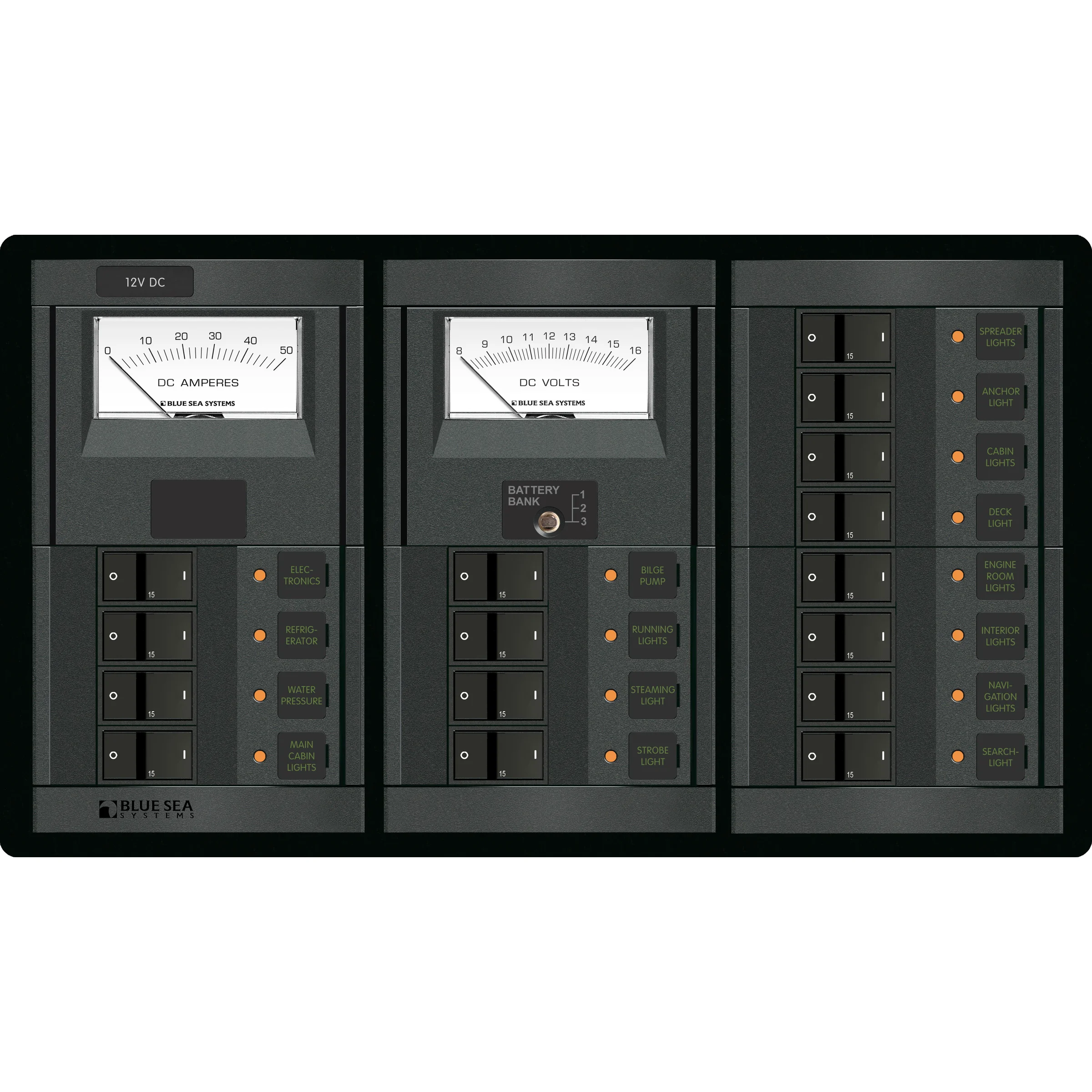 Blue Sea Systems 360 Panel System Branch Circuit Breaker Panel, 12V DC, 15A Flat Rocker Breakers
