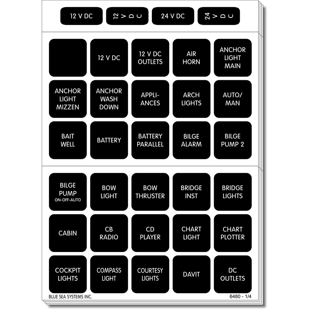 Blue Sea Systems Waterproof DC Label Kit, For WeatherDeck Waterproof Panels, Black Square Labels